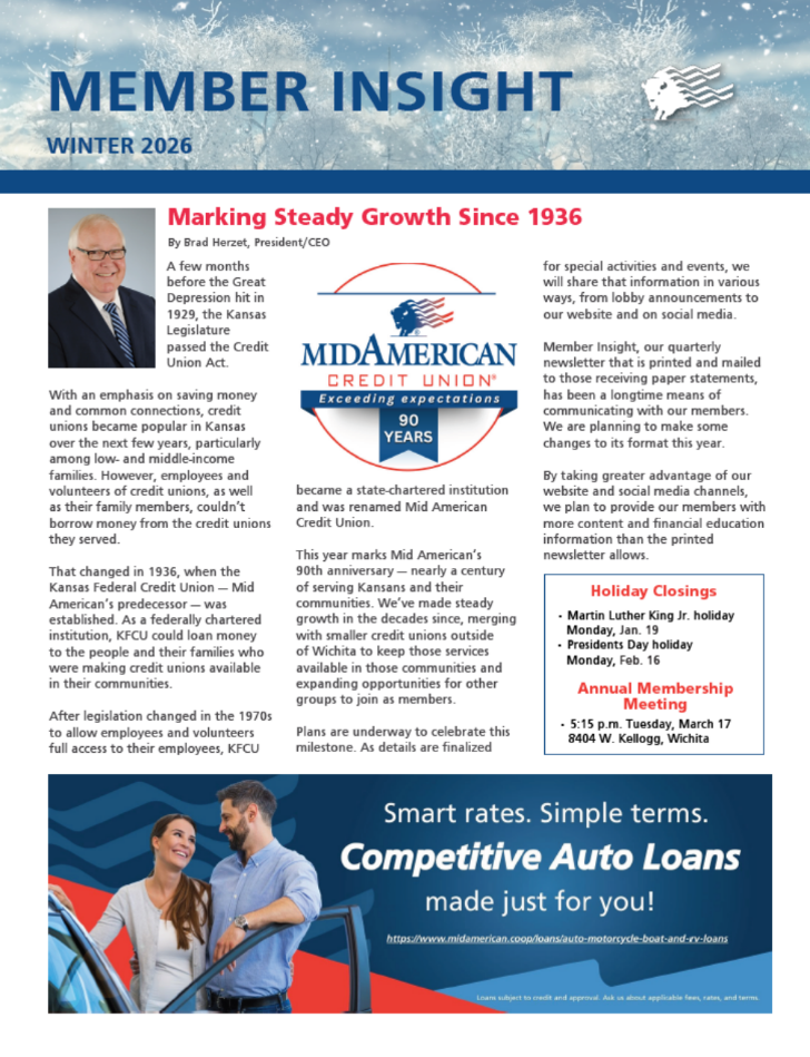 Mid American Credit Union Winter 2026 newsletter pg 1